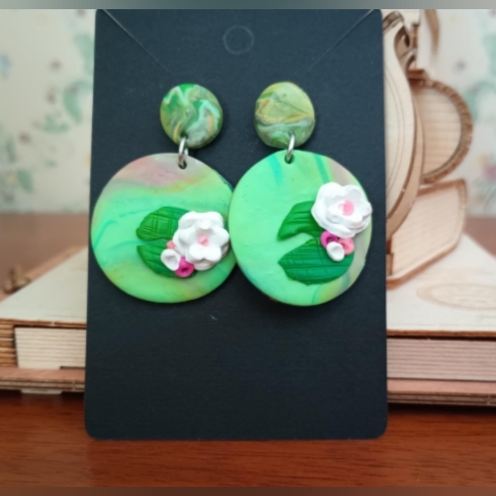 White Flowers on Lily Pad in Pond Clay Earrings